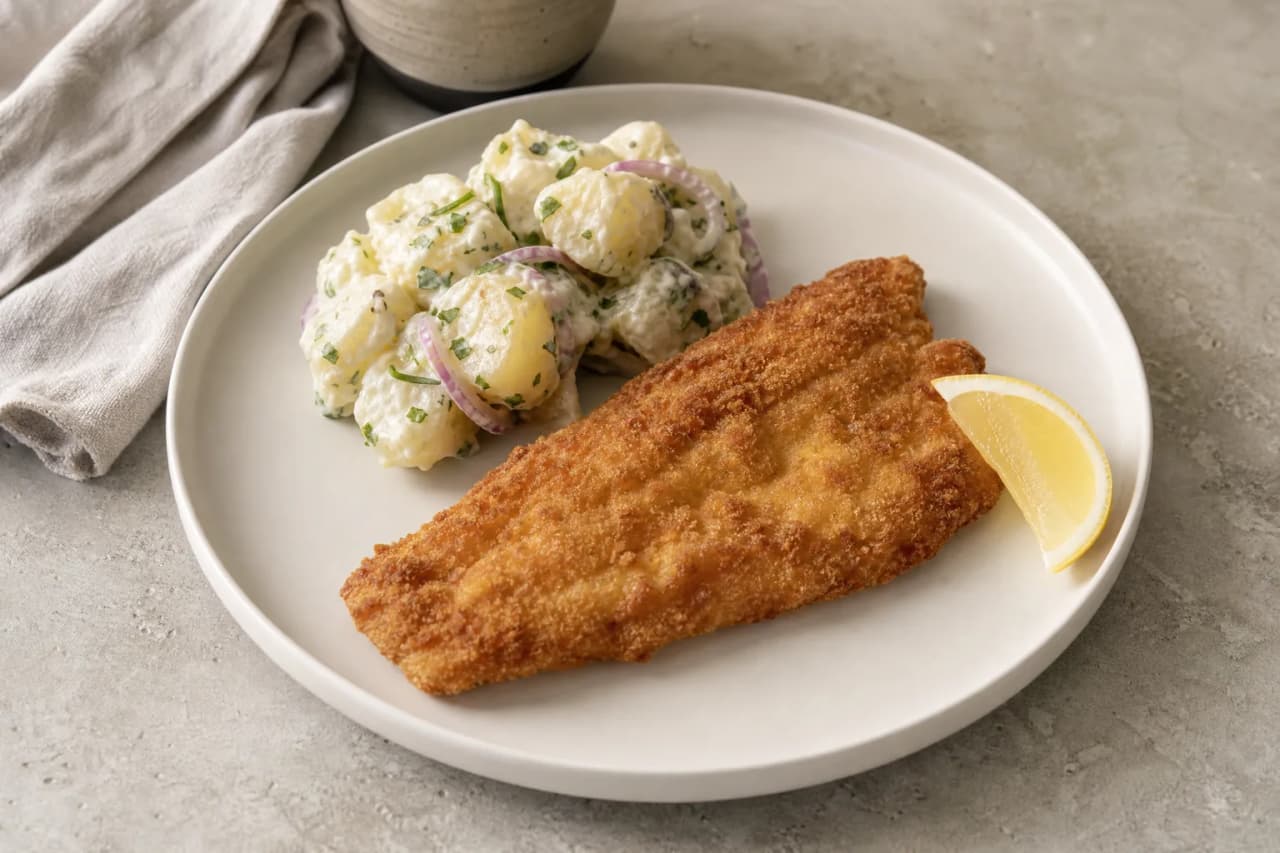 Panierter Seelachs mit Kartoffelsalat, angerichtet