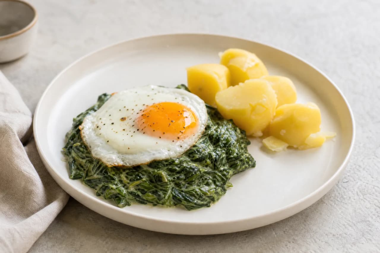 Rahmspinat mit Ei und Kartoffeln, angerichtet