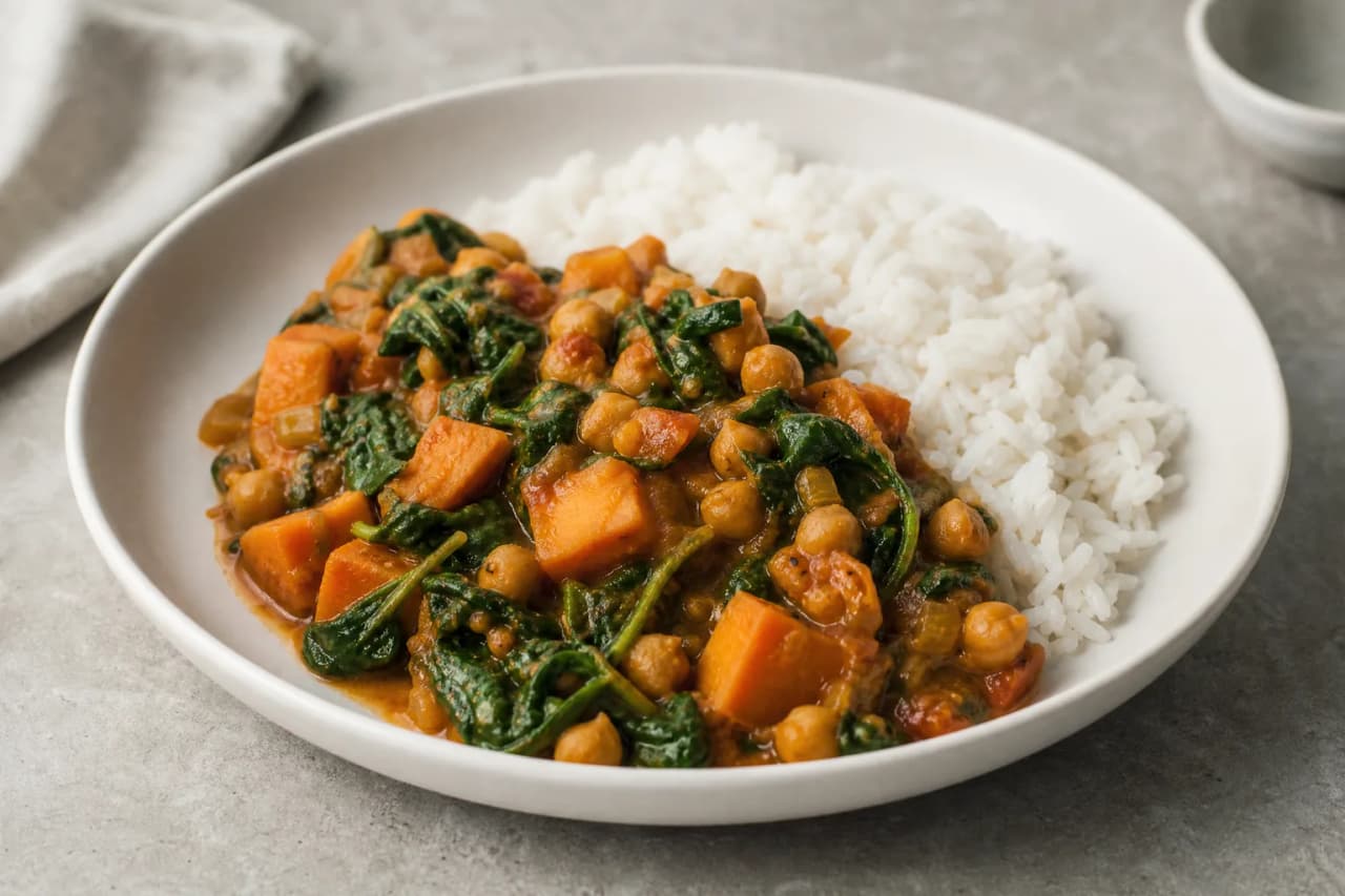 Süßkartoffel-Curry mit Kichererbsen, angerichtet