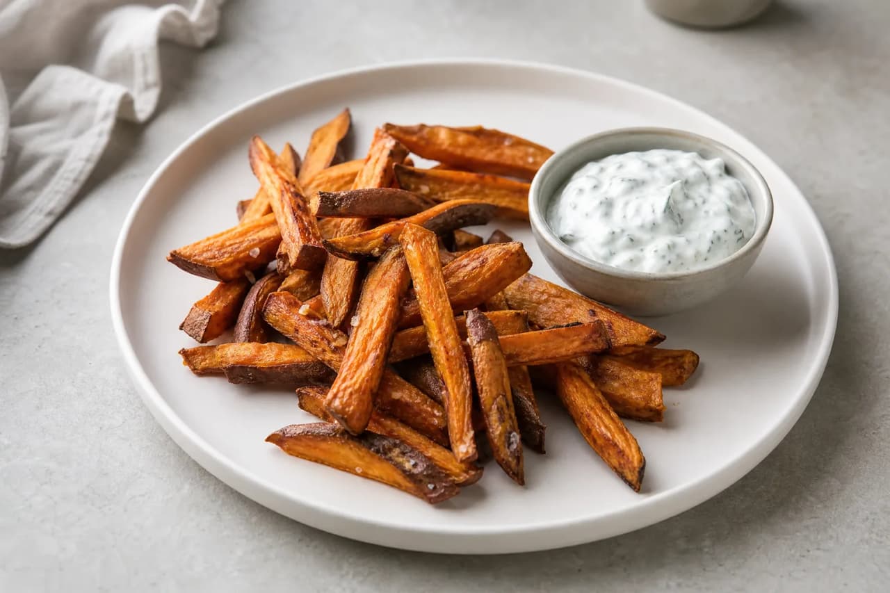 Süßkartoffelpommes mit Quarkdip, angerichtet