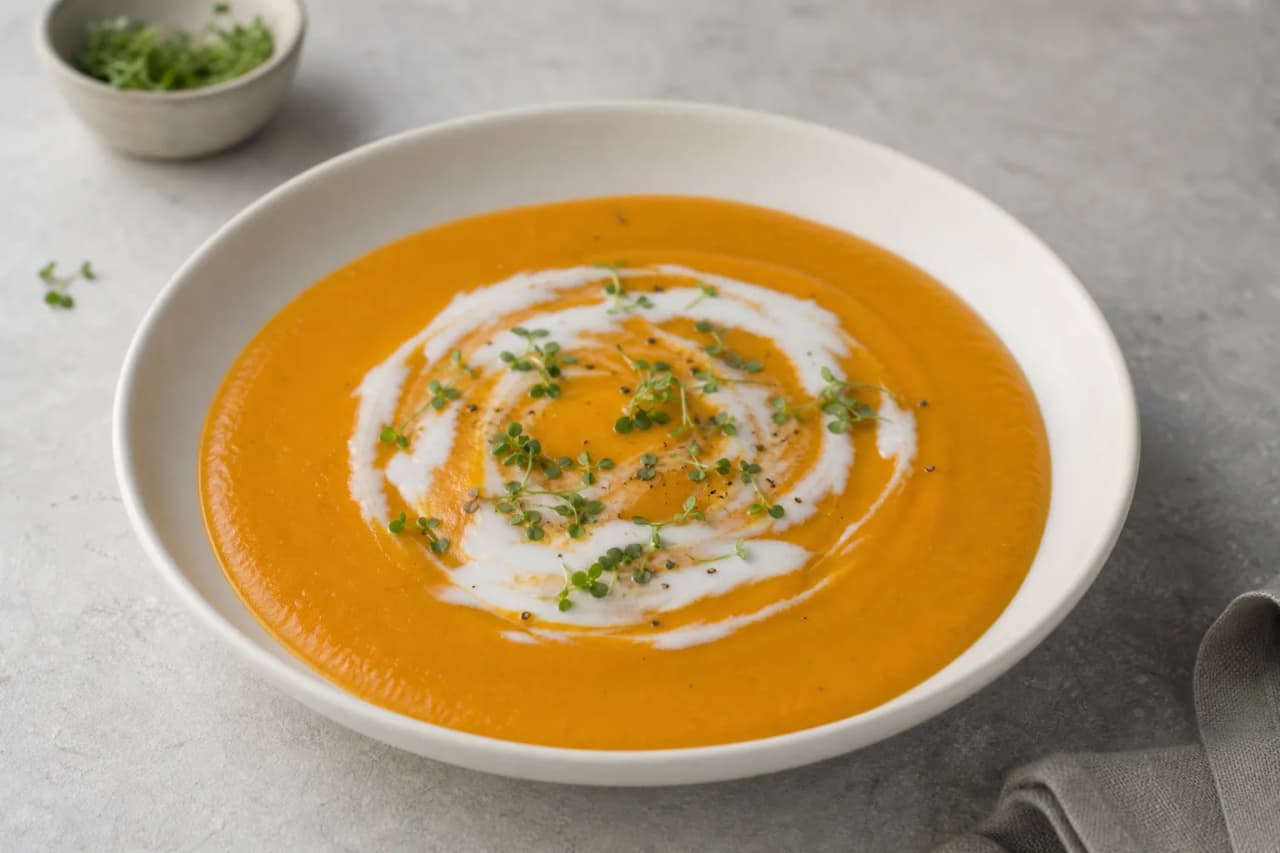 Süßkartoffelsuppe mit Ingwer, angerichtet