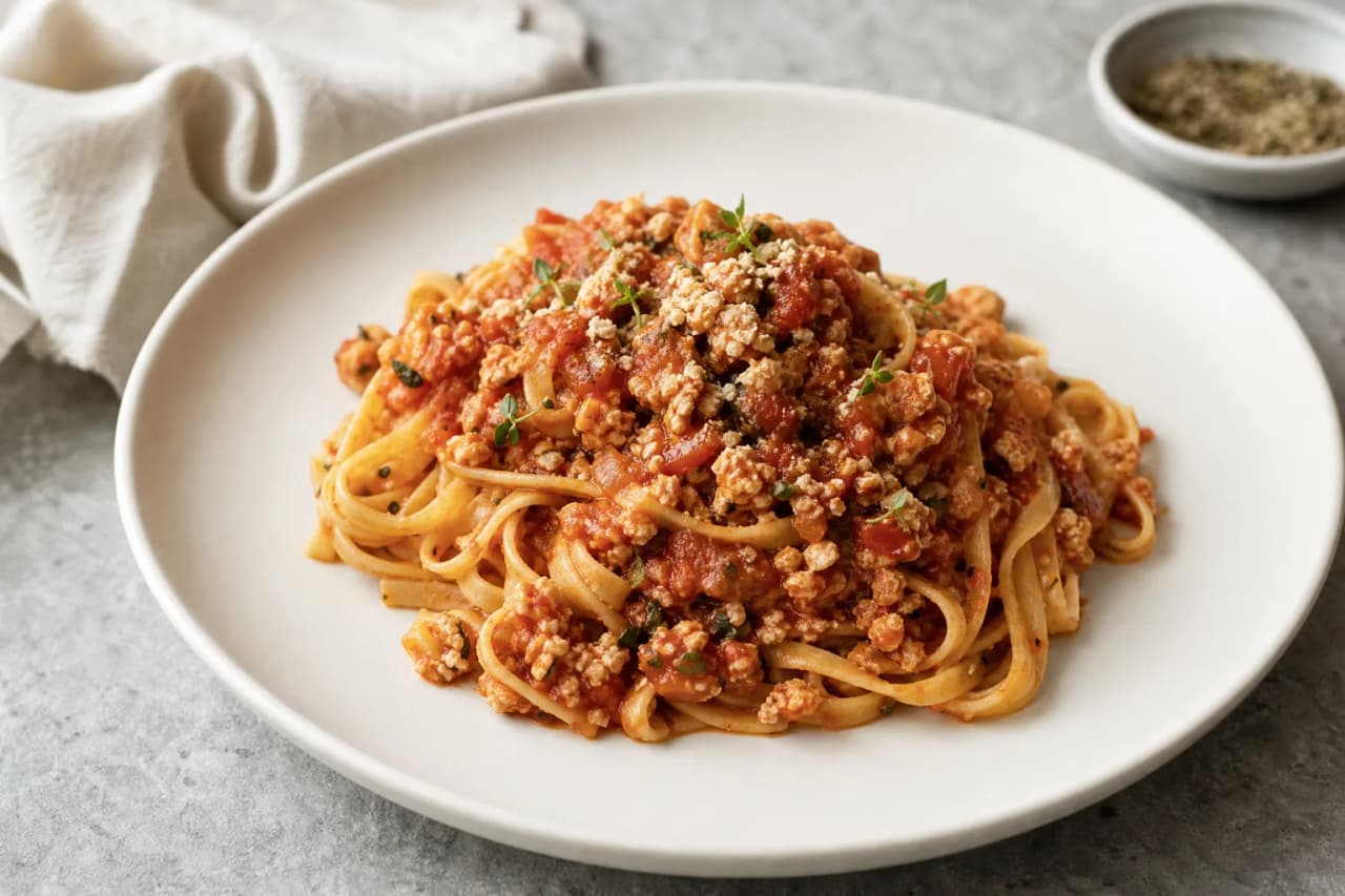 Tofu-Bolognese, angerichtet