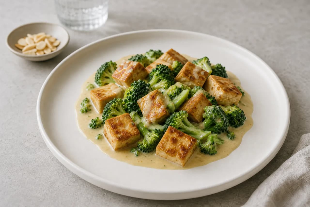 Tofu mit Mandelsoße und Brokkoli, angerichtet