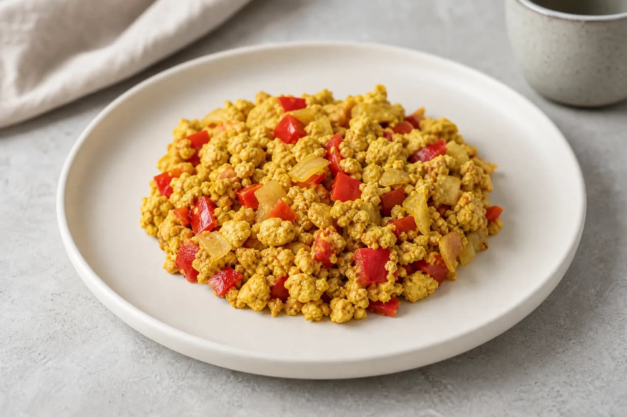 Tofu-Rührei mit Paprika, angerichtet