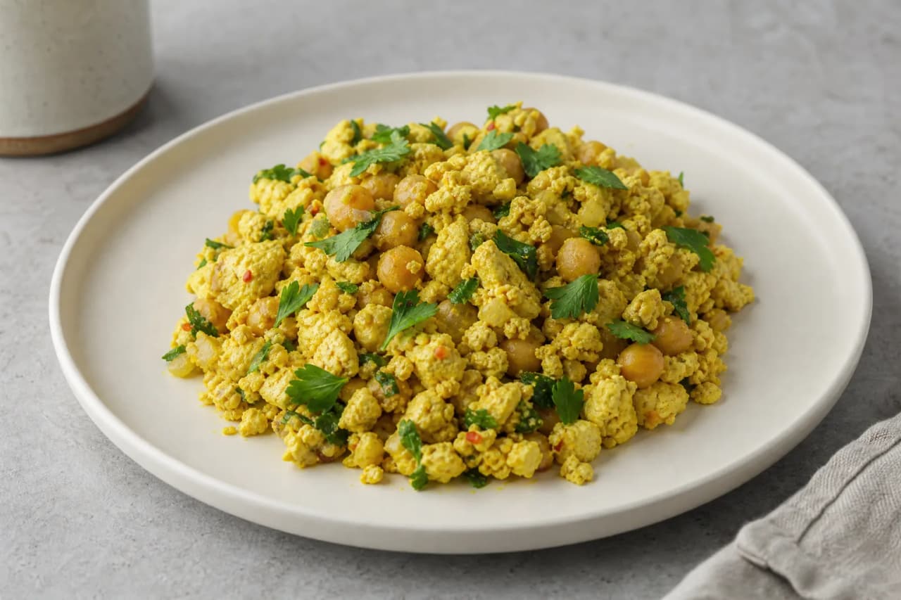 Tofu-Scramble mit Kichererbsen, angerichtet