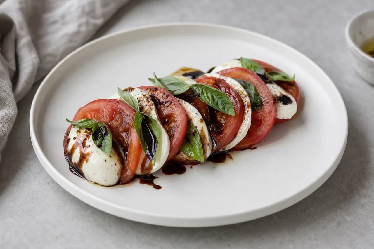 Tomaten-Mozzarella-Salat, angerichtet