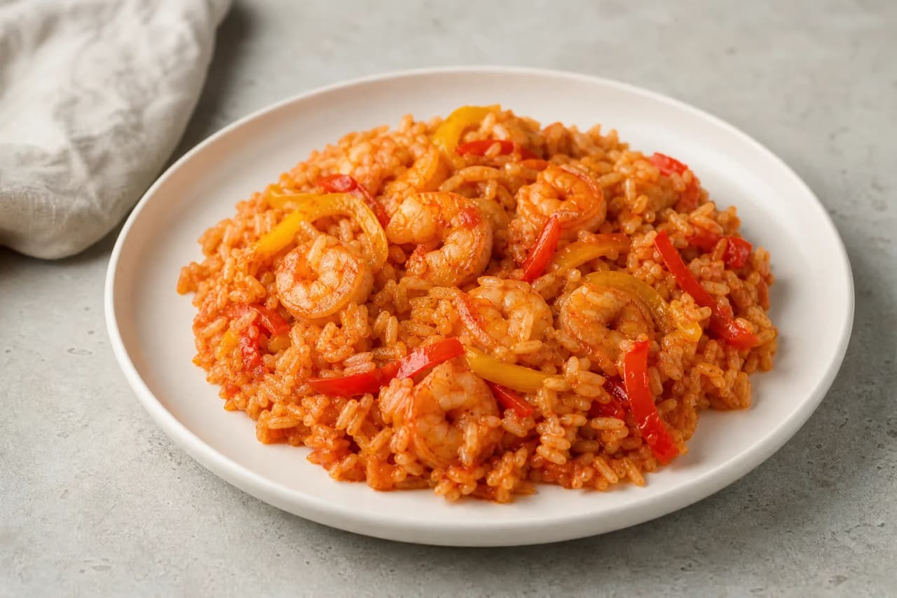 Tomatenreis mit Garnelen, angerichtet