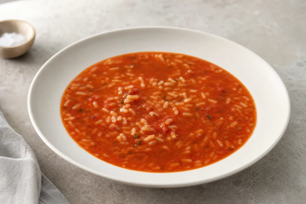 Tomatensuppe mit Reis, angerichtet