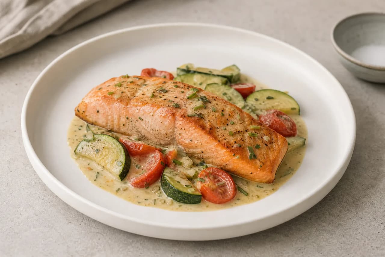 Zucchinigemüse mit Lachs, angerichtet