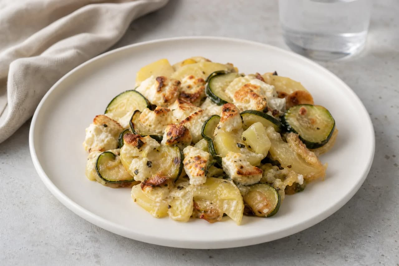 Zucchini-Auflauf mit Feta, angerichtet
