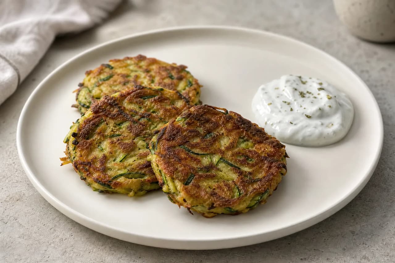 Zucchinipuffer mit Joghurtdip, angerichtet