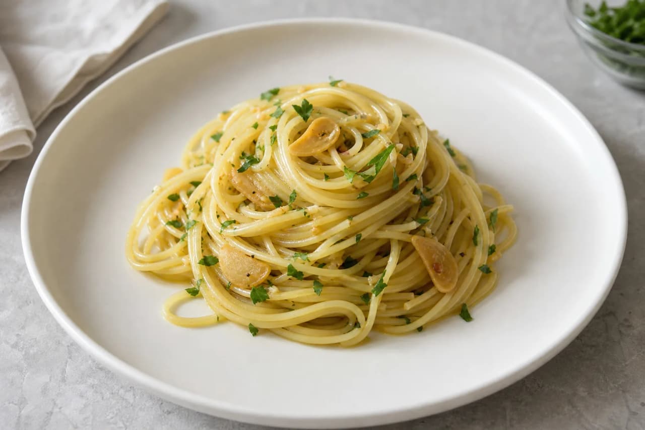 Spaghetti aglio e olio, angerichtet