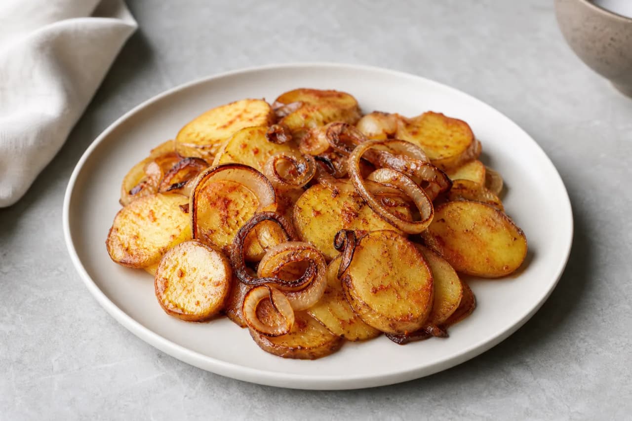 Bratkartoffeln mit Zwiebeln, angerichtet
