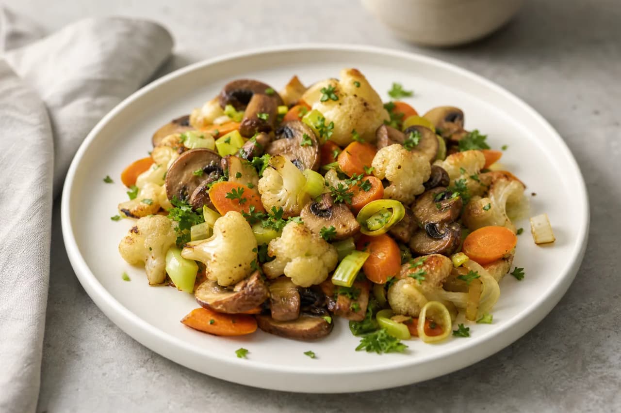 Gemüsepfanne mit Blumenkohl und Champignons, angerichtet