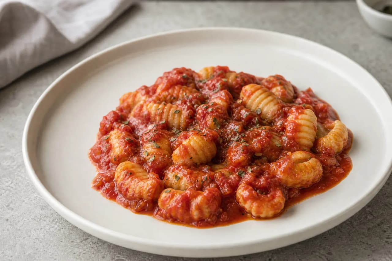 Selbstgemachte Gnocchi mit Tomatensugo, angerichtet