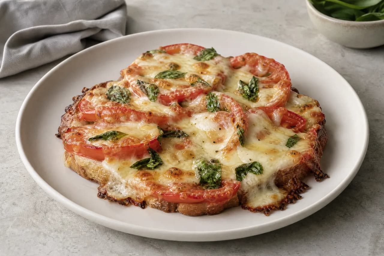 Überbackenes Tomaten-Mozzarella-Brot, angerichtet